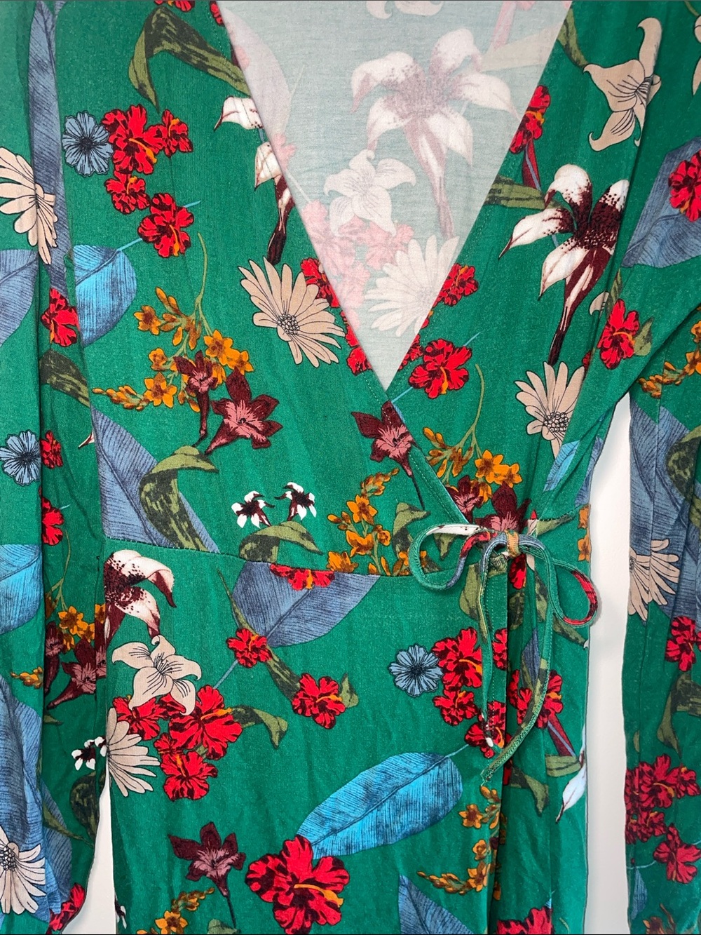Carolina Belle Green Floral Wrap Dress with Red & Cream Accents Boho - Picture 3 of 7